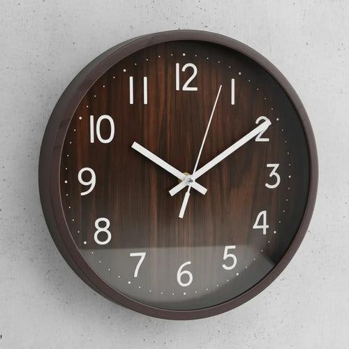 Reloj Analógico Pared Redondo Símil Madera 25cm Decorativo Marrón