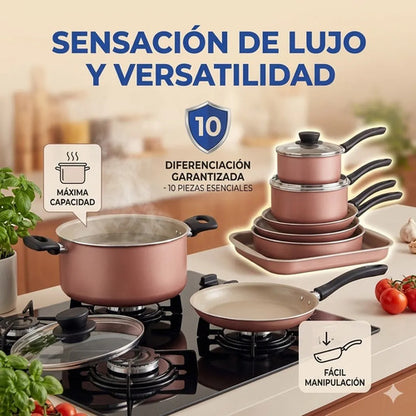 Juego Olla Sarten Diez Pieza Bateria Cocina Hogar Resistente Rosa