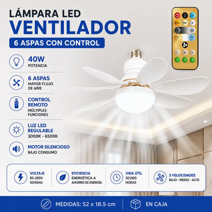 Lámpara Ventilador Led 40w 6 Aspas Control Remoto Rosca E27 52 Cm Blanco