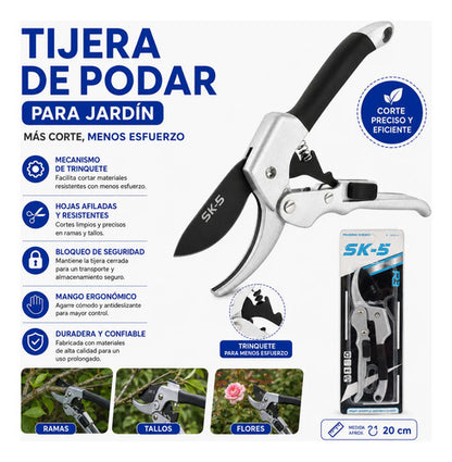 Tijera De Podar Jardín 20cm Con Trinquete Poda Ramas Negro Y Plateado