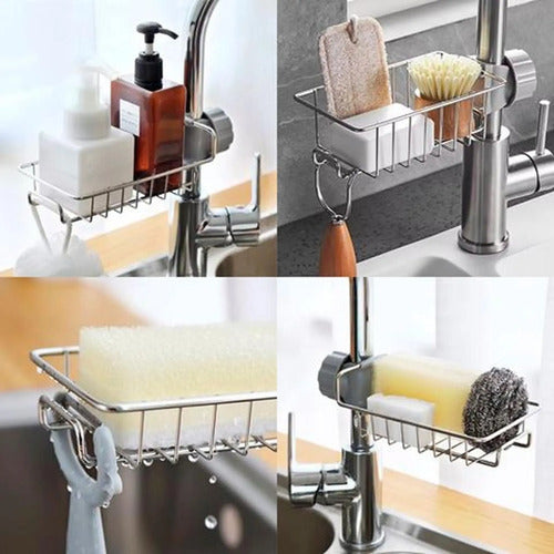 Soporte De Esponjas Ajustable A Canilla Cocina Organizador Plateado