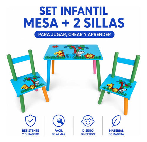 Set Mesa Infantil 2 Sillas Madera Fácil Armado Para Niños Celeste