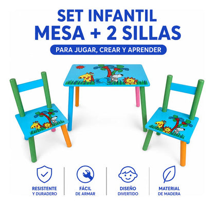 Set Mesa Infantil 2 Sillas Madera Fácil Armado Para Niños Celeste