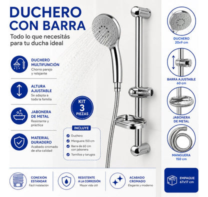 Set Duchero Manual Barra Manguera Jabonera Mango Ajustable Plateado Cromado