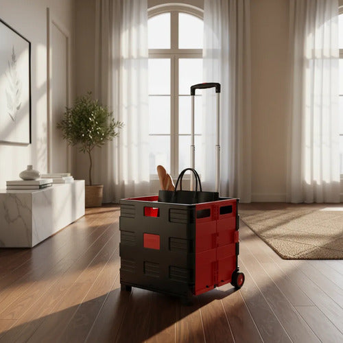 Carrito Plegable Multiuso Compras Mango Extensible 37x37x87 Negro Con Rojo