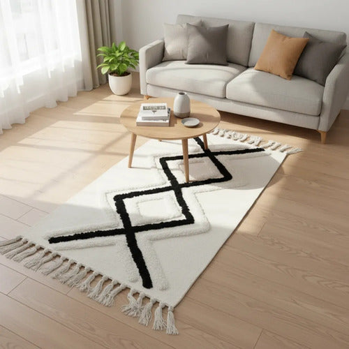 Alfombra Bohemia Algodon 60x140 Flecos Geometrica Pasillo 1.4 M 60 Cm Blanco