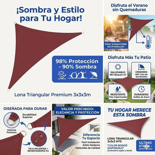 Toldo Vela Triangular Impermeable Sombra Exterior 3x3x3 Mts
