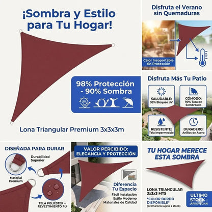 Toldo Vela Triangular Impermeable Sombra Exterior 3x3x3 Mts