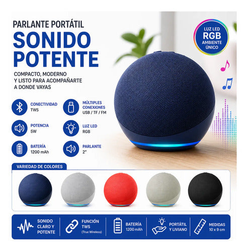 Parlante Portátil 5 Colores Tws Led Rgb Usb Fm Tf Compacto Rojo