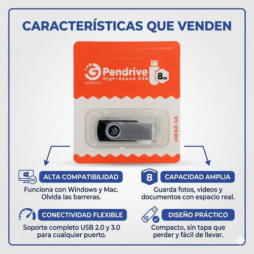 Pendrive Memoria Usb 8gb 3.0 Alta Velocidad Pc Mac Laptop Negro