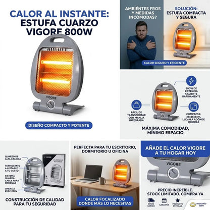 Estufa Electrica Cuarzo Calefactor Portatil Termostato 800w Gris