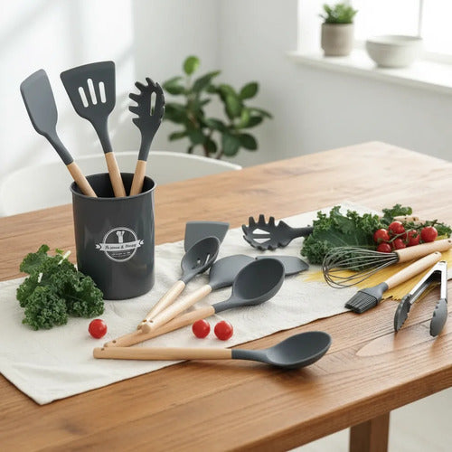 Set Cubiertos Cocina Silicona Madera Menaje Pack X12 Piezas Negro