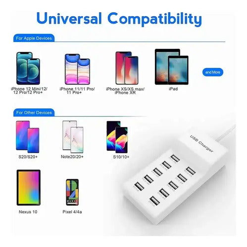 Cargador Usb Y Tipo C 10 Puertos Con Carga Rapida Zapatilla Blanco