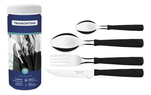 Set Juego De Cubiertos Pack X24 Piezas Pote Plastico Acero Negro