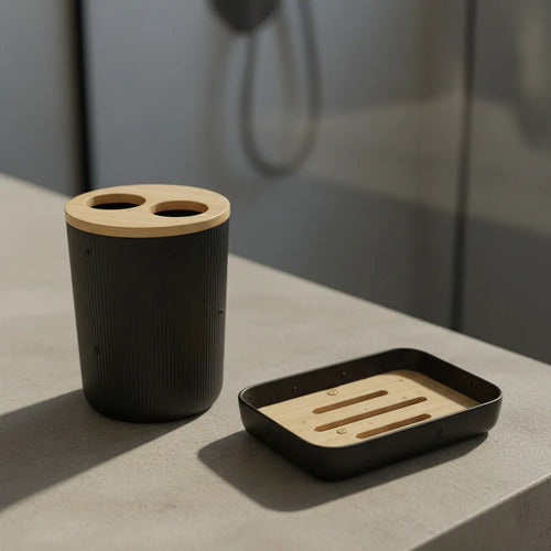 Juego De Baño Set Accesorios Papelera Plástico Porta Cepillo Negro