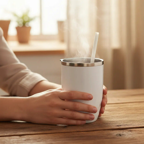 Vaso Taza Revolvedora Mezclador Automatico Usb Recargable Blanco Liso Moderno Con Tapa Transparente