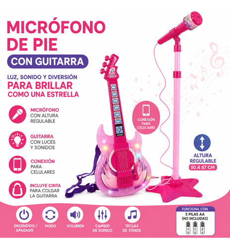 Guitarra Infantil Regulable Rosa Micrófono Pie Sonido Rosa