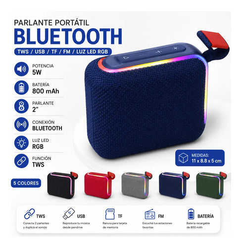 Parlante Portátil Bluetooth Tws Usb Fm Led Rgb 5w Recargable Aleatorio