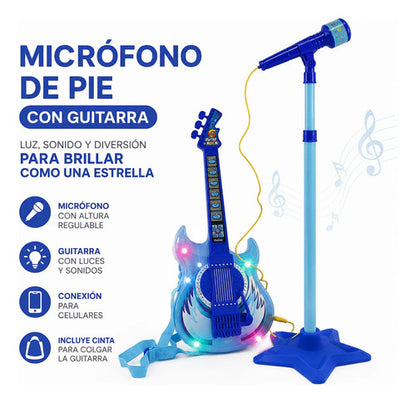 Guitarra Infantil Con Micrófono Regulable Luces Sonido Azul