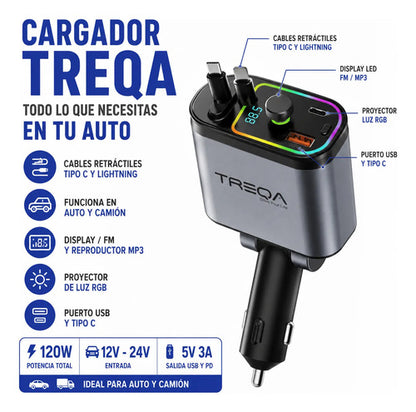 Cargador Auto 120w Cable Retráctil Usb C iPhone Fm Mp3 Rgb Negro