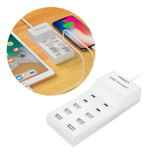 Zapatilla Cargador Usb Y Tipo C 10 Puertos Con Carga Rapida Blanco