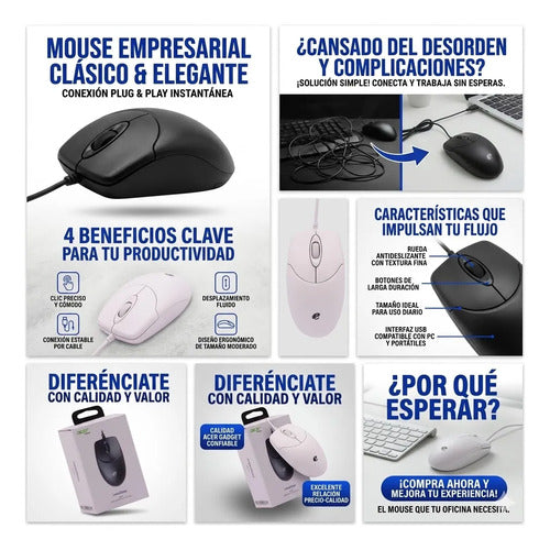 Mouse Optico Cableado Usb Computadora Pc Mac Laptop Oficina Negro