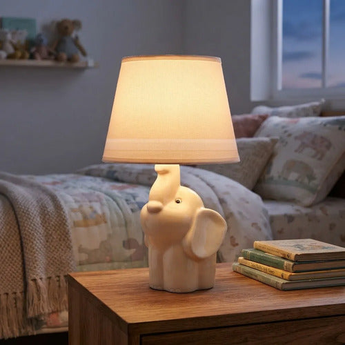Lámpara Mesa Cerámica Elefante Infantil 37cm Velador Beige