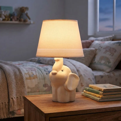 Lámpara Mesa Cerámica Elefante Infantil 37cm Velador Beige