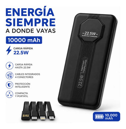 Power Bank 10000mah 22.5w Cables Integrados Carga Rápida Negro