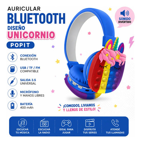 Auricular Bluetooth Unicornio Pop It Micrófono Fm Tf 3.5 Azul