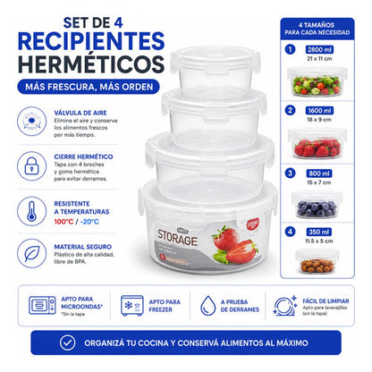 Set Recipientes Hermeticos Redondos X4 Plasticos Blanco
