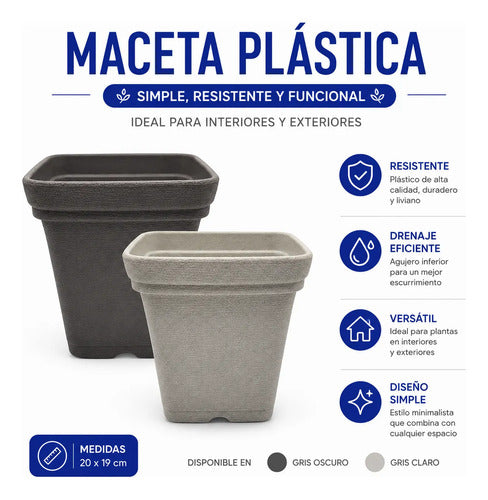 Maceta Plástica Decorativa Cuadrada Texturizada 20x19cm Gris Gris Oscuro
