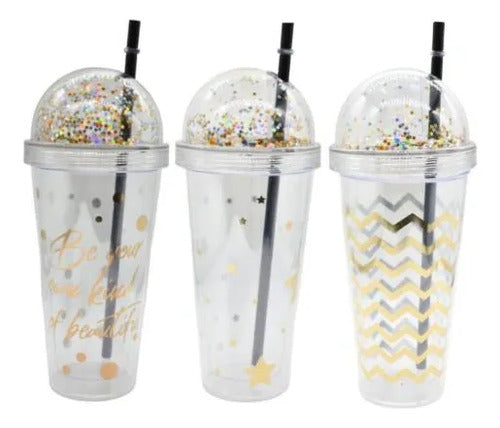 Vaso Acrílico Con Tapa Glitter Y Sorbito 450ml Bebida Aleatorio