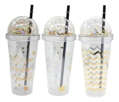 Vaso Acrílico Con Tapa Glitter Y Sorbito 450ml Bebida Aleatorio