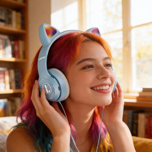 Auricular Orejas Gato Vincha Bluetooth Tf Micrófono Infantil Celeste