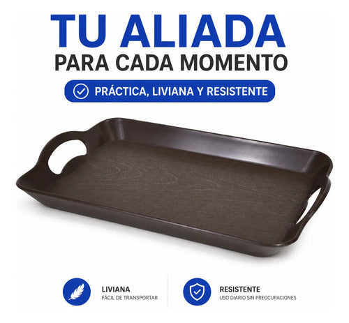 Bandeja Plástica Rectangular Asas 42x29cm Liviano Resistente Marrón
