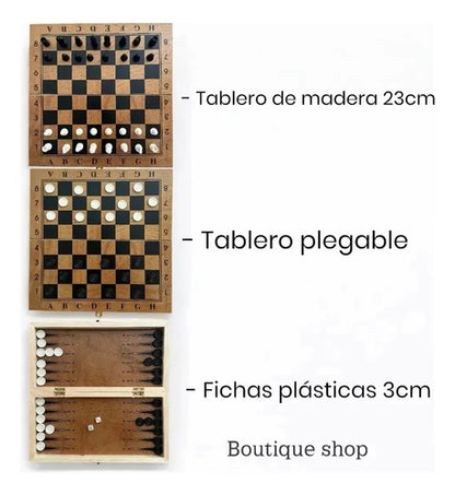 Juego De Mesa 3en1 24cm Ajedrez Damas Backgammon Madera 5002