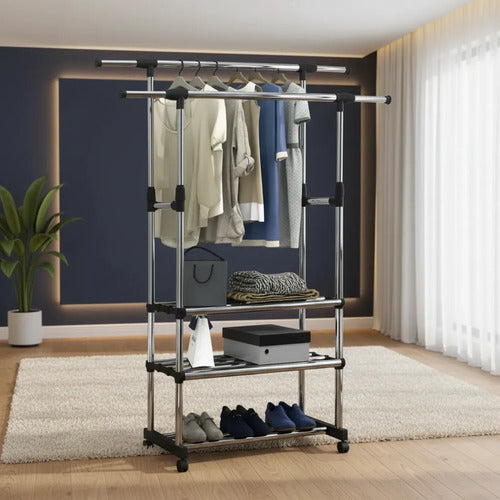 Perchero Ropero Doble Extensible Rueda Organizador 155 Metal Negro