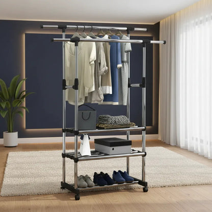 Perchero Ropero Doble Extensible Rueda Organizador 155 Metal Negro