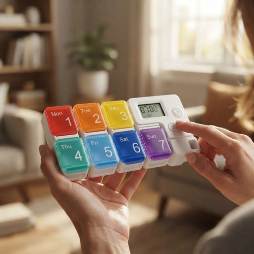 Organizador Pastillero Semanal Alarma Digital Compartimentos Blanco / Multicolor