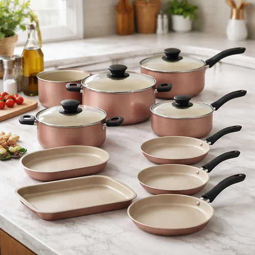 Juego Olla Sarten Diez Pieza Bateria Cocina Hogar Resistente Rosa