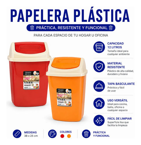 Cesto Papelera Plástica Tapa Vaivén 12l Residuos Basura Rojo