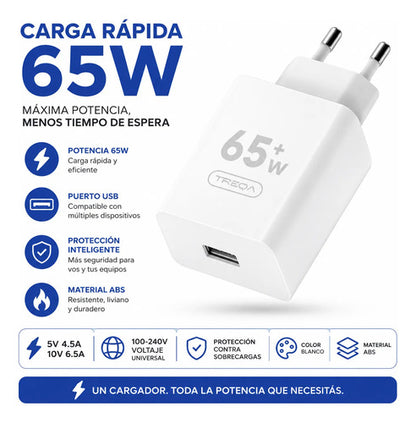Cargador Carga Rapida Usb 65w Celular Tablet Pared Rapido Blanco