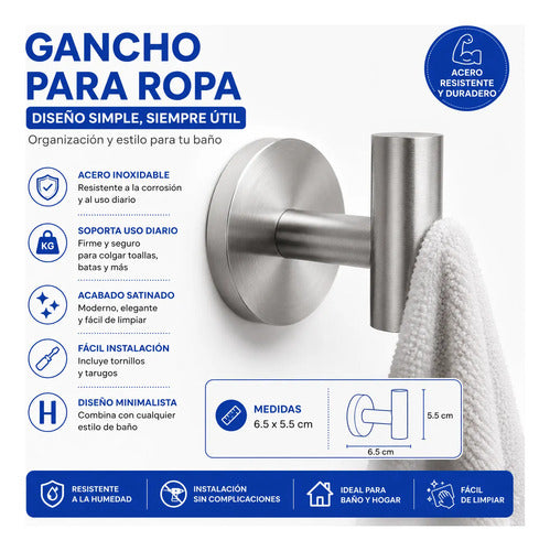 Gancho Perchero Baño Acero Pared Toalla Acero 6.5x5.5cm Plateado