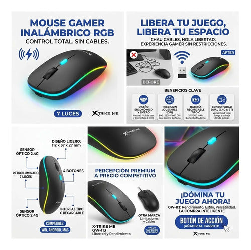 Mouse Gamer Inalambrico Rgb Bluetooth Usb Recargable Mac Pc Negro