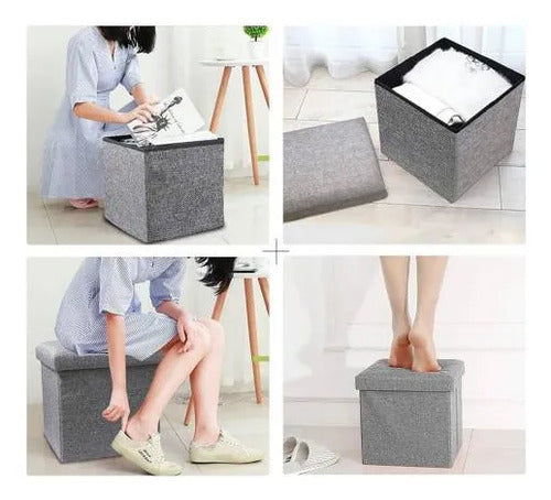 Puff Organizador Baul Taburete Plegable Tapa Acolchada 38cm Gris Liso