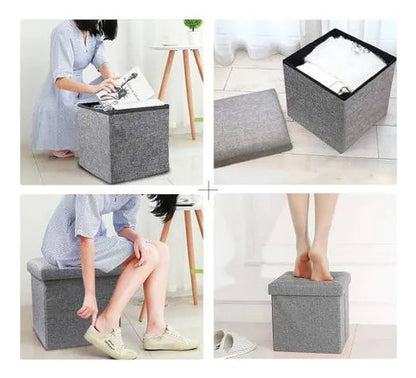 Puff Organizador Baul Taburete Plegable Tapa Acolchada 38cm Gris Liso