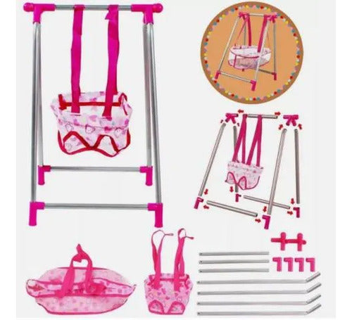 Set Infantil Coche Hamaca Silla Para Muñecas 3 Piezas Rosa