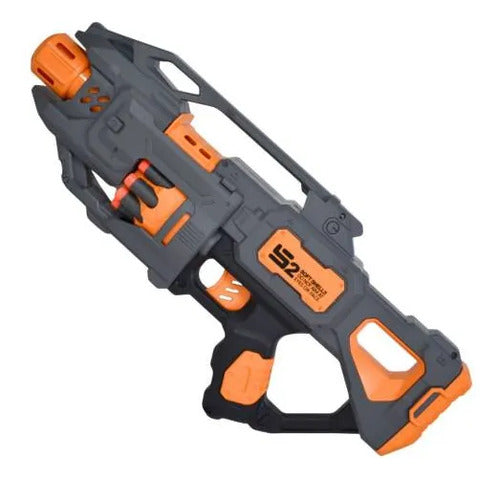 Pistola Lanzadora Espuma 20 Dardos Vibración Pilas 45cm Gris Negro Y Naranja