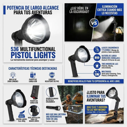 Linterna Recargable Usb Tripode Camping Caza 2000 Lm 10w Blanco Negro